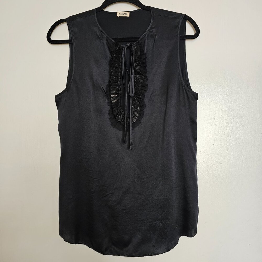 L’Agence 100% Silk V-Neck Tank Sleeveless Blouse Top w Lambskin Detail S Small